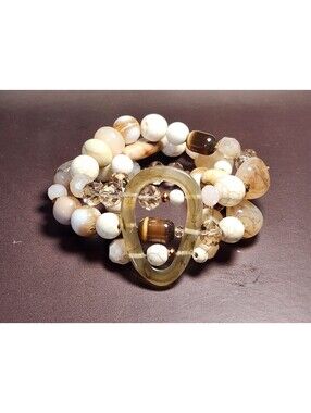 Costume Jewelry Stretch Bracelet with Beads (Ivory Tan Beige Brown Gold)